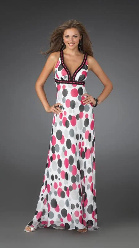 La Femme - 14403 Long Printed Dress with Criss Cross Back