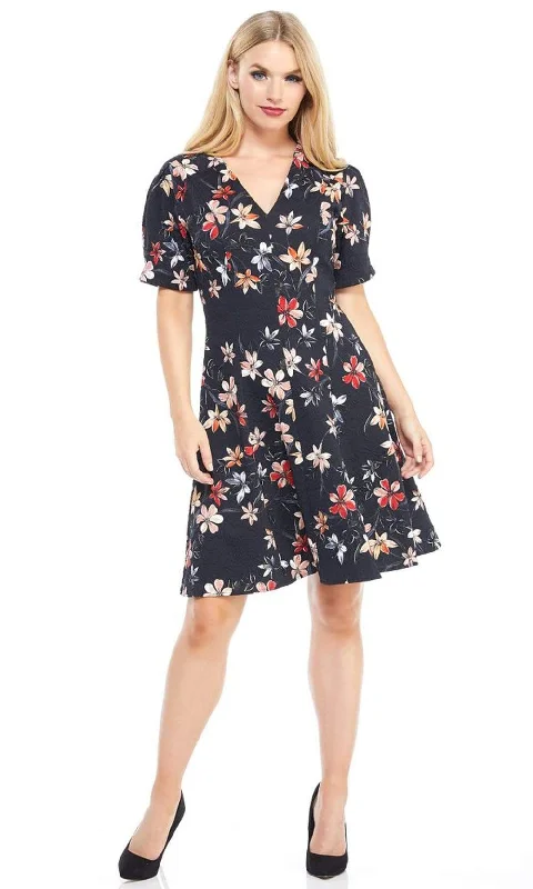 London Times - T3783M Floral Short Sleeve Fit And Flare Jacquard Dress