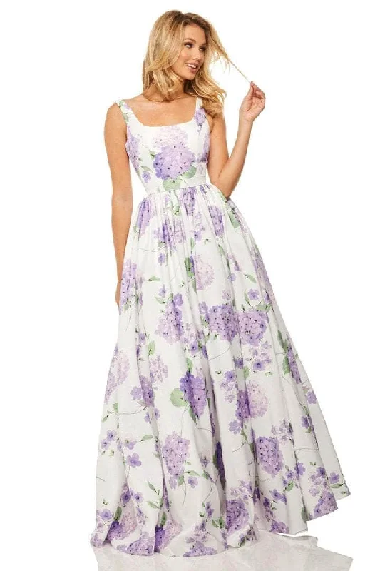 Sherri Hill - 52815 Floral Printed Sleeveless Long Dress - 1 pc Ivory/Lilac Print In Size 12 Available