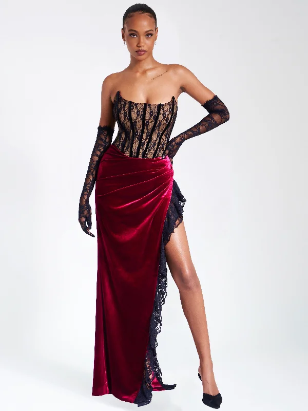 Gaia Burgundy Lace Velvet Corset Side Slit Dress