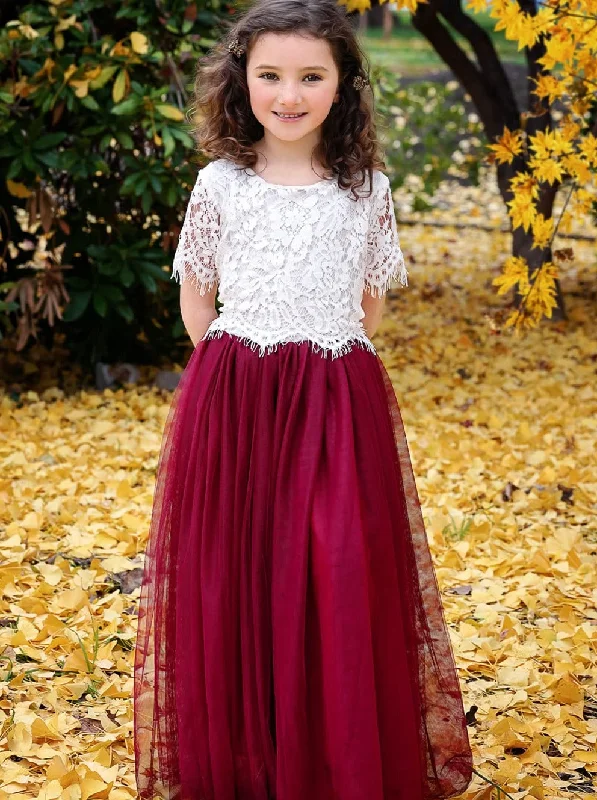 Scalloped Lace Girl Dress Set in Burgundy