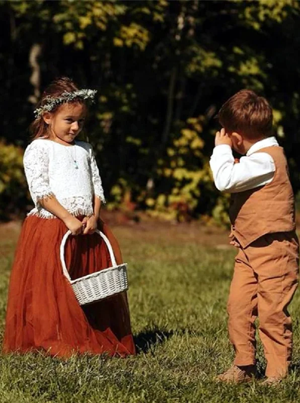 Scalloped Lace 2 Piece Girl Dress Set in Burnt Orange