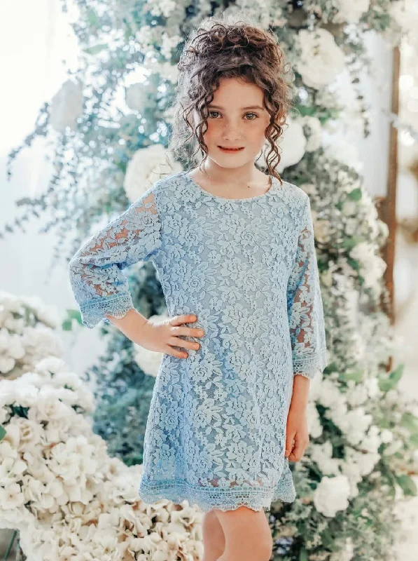 Violet Lace Boho Girl Dress in Dusty Blue