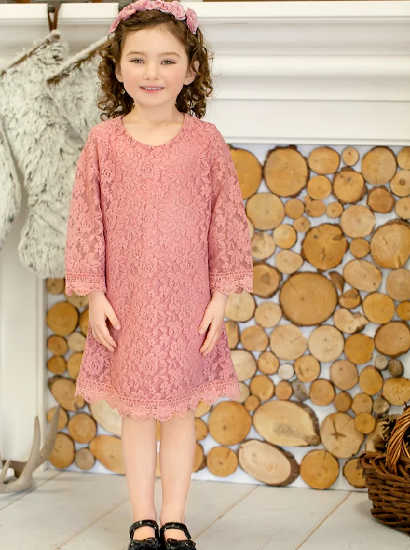 Violet Lace Boho Girl Dress in Dusty Pink