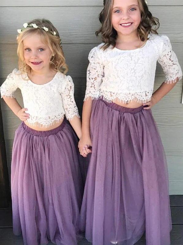 Scalloped Lace 2 Piece Girl Dress Set in Mauve