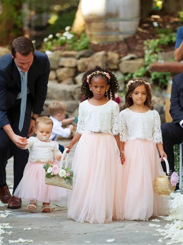 Scalloped Lace 2 Piece Girl Dress Set in Pink