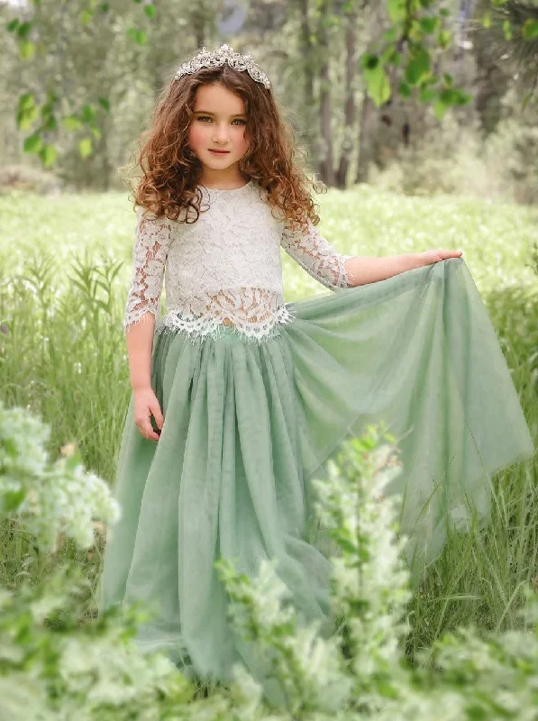 Scalloped Lace 2 Piece Girl Dress Set in Sage