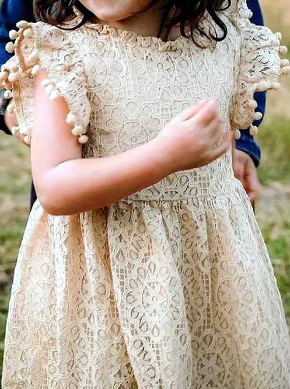 Sunflower Lace Pom Pom Trim Girl Dress in Beige