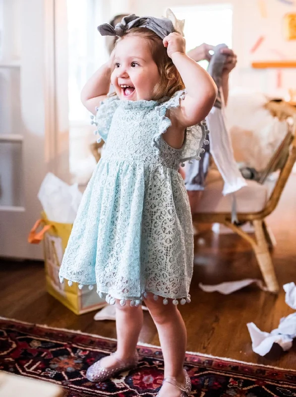 Sunflower Lace Pom Pom Trim Girl Dress in Mint