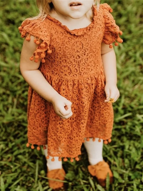 Sunflower Lace Pom Pom Trim Girl Dress in Burnt Orange