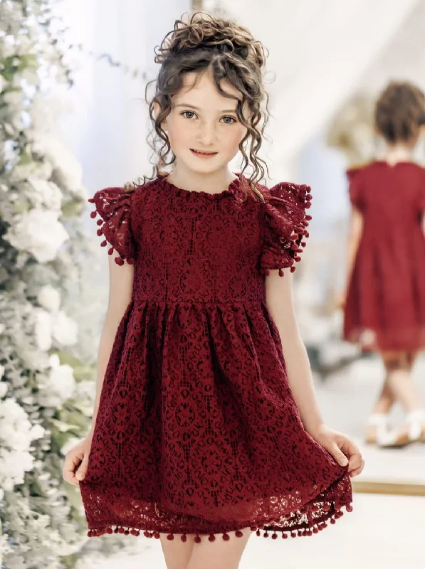 Sunflower Lace Pom Pom Trim Girl Dress in Burgundy