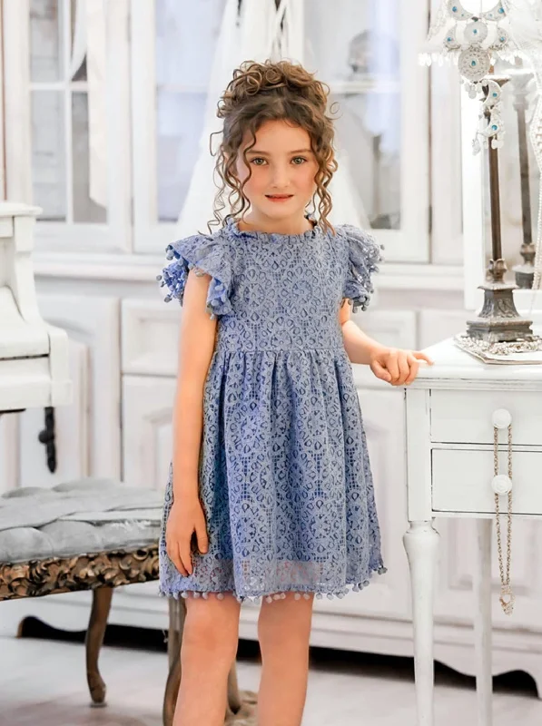 Sunflower Lace Pom Pom Trim Girl Dress in Dusty Blue