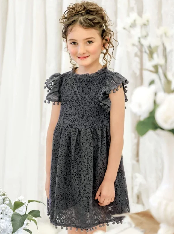 Sunflower Lace Pom Pom Trim Girl Dress in Dark Gray