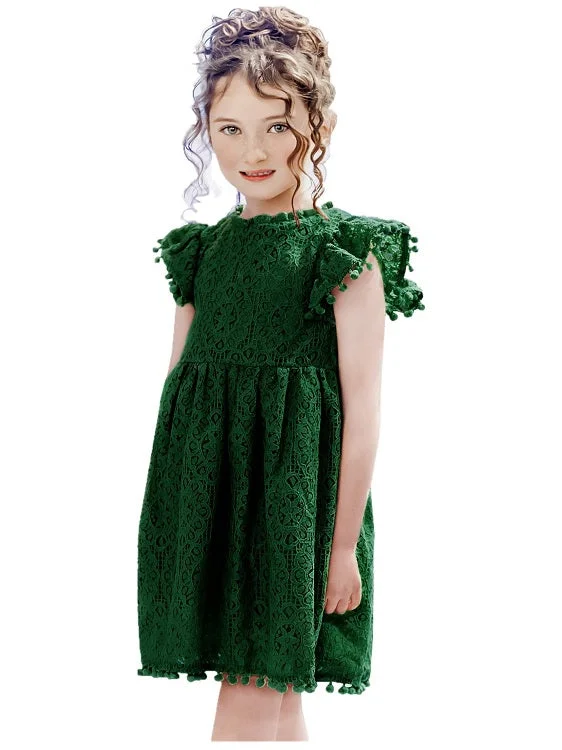 Sunflower Lace Pom Pom Trim Girl Dress in Green