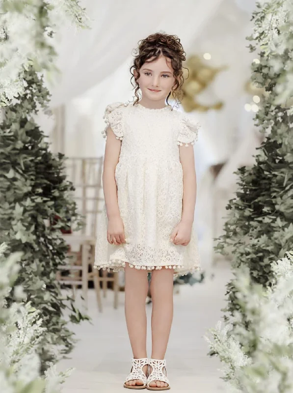 Sunflower Lace Pom Pom Trim Girl Dress in Ivory