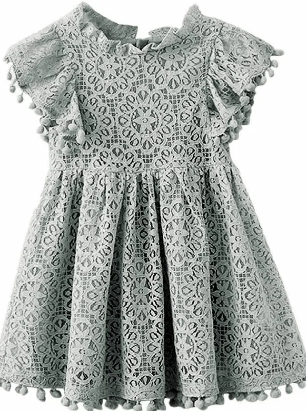 Sunflower Lace Pom Pom Trim Girl Dress in Light Gray