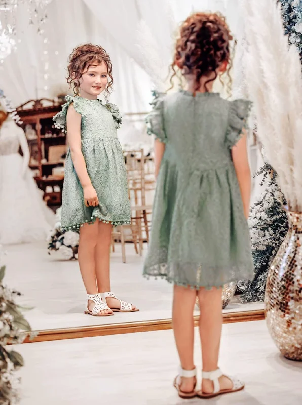 Sunflower Lace Pom Pom Trim Girl Dress in Light Sage