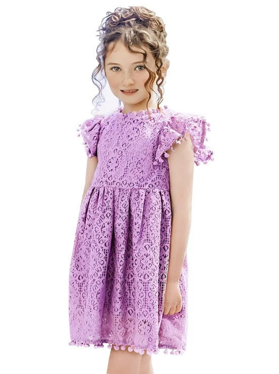 Sunflower Lace Pom Pom Trim Girl Dress in Purple