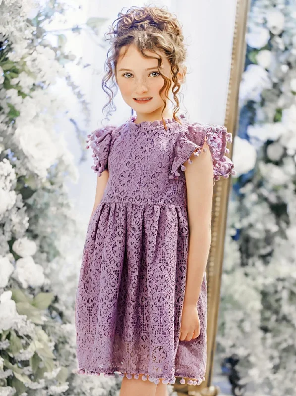 Sunflower Lace Pom Pom Trim Girl Dress in Mauve