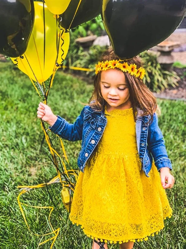 Sunflower Lace Pom Pom Trim Girl Dress in Mustard