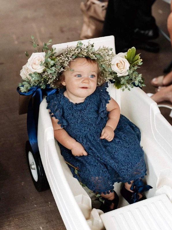 Sunflower Lace Pom Pom Trim Girl Dress in Navy