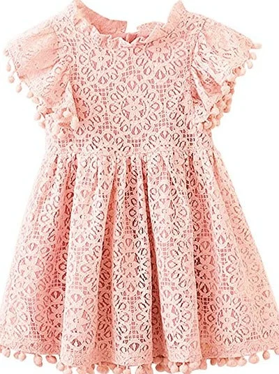 Sunflower Lace Pom Pom Trim Girl Dress in Rose Pink