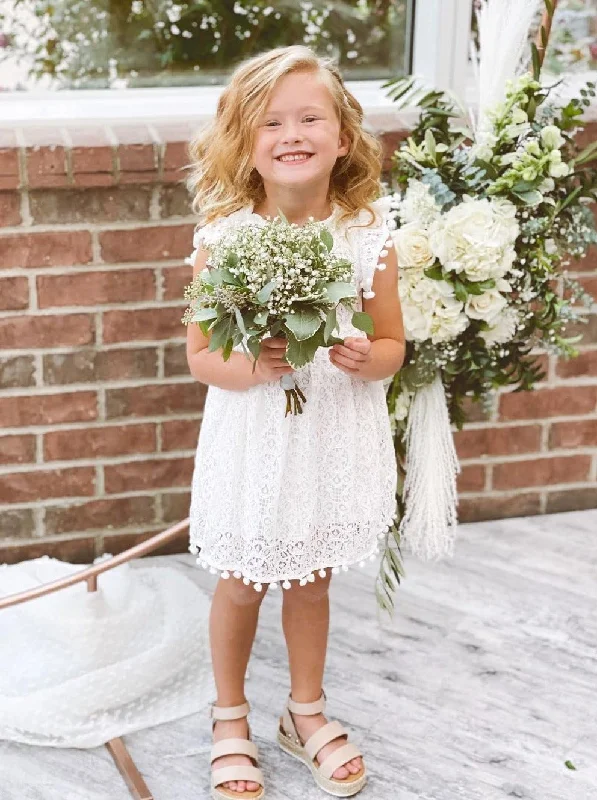 Sunflower Lace Pom Pom Trim Girl Dress in White