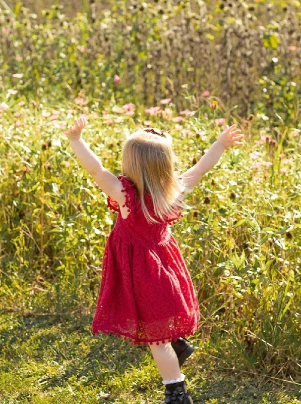 Sunflower Lace Pom Pom Trim Girl Dress in Wine Red