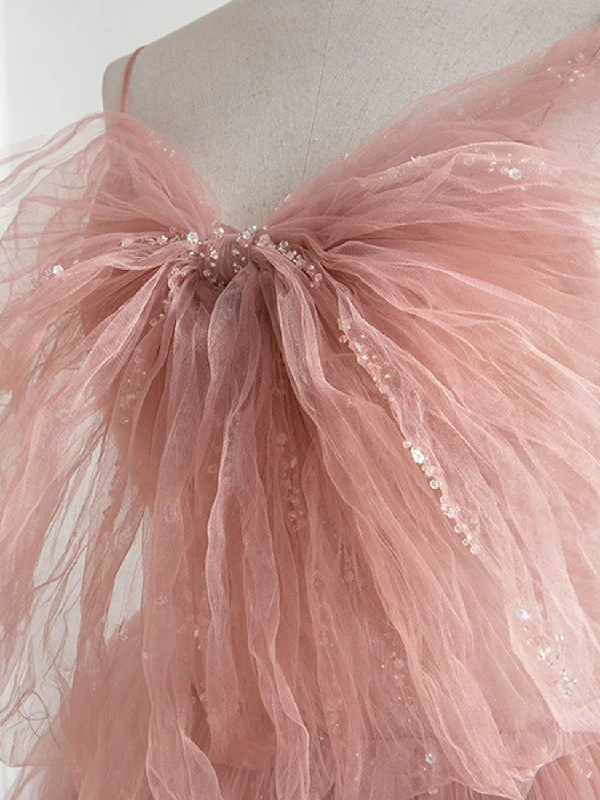 A-Line Pink Tulle Sequin Long Prom Dresses, Pink Formal Evening Dresses