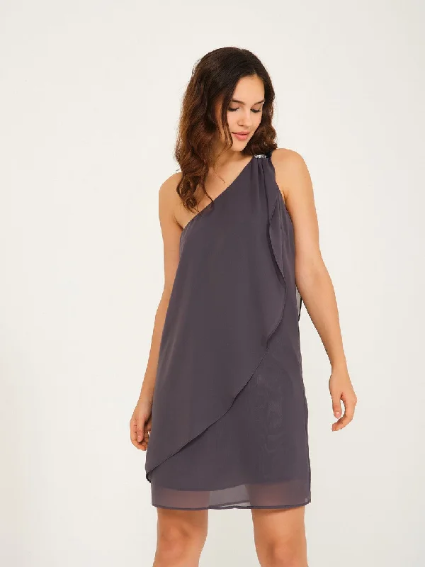 Anthracite single shoulder Sequin Stone Detailed Chiffon Dress