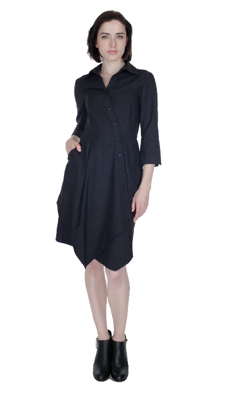 Asym Placket Double tier Shirtdress / Wool/Cashmere