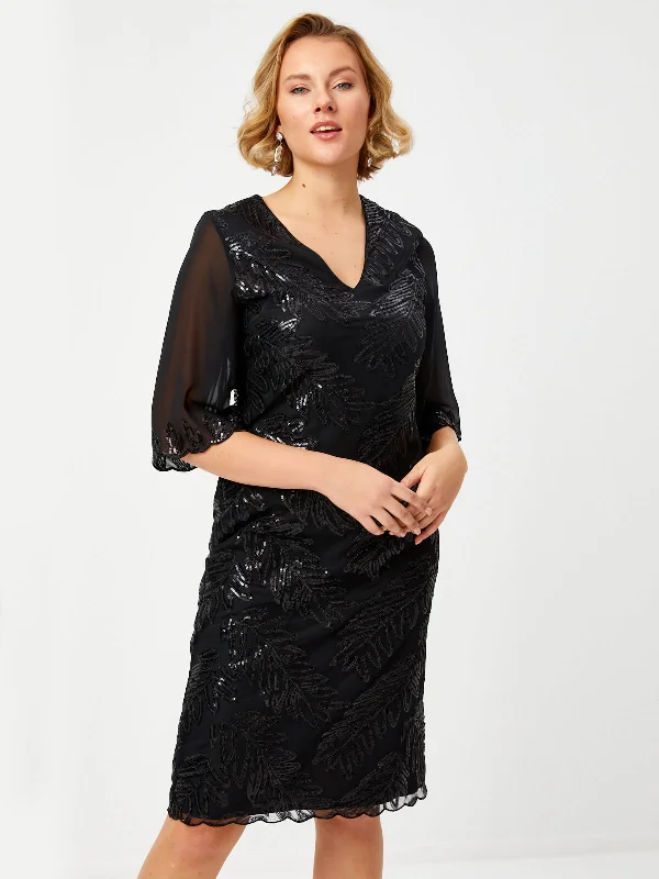 Black Leaf Pattern Sequin 3/4 Sleeve Evening Dress 68111