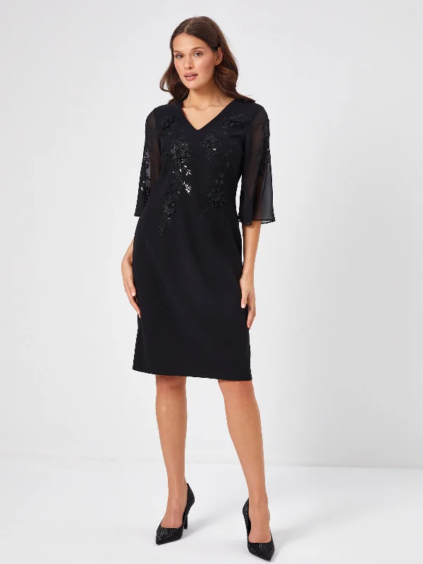 Black Sequin Flower Appliqué Embroidered Chiffon Sleeve Evening Dress 68105