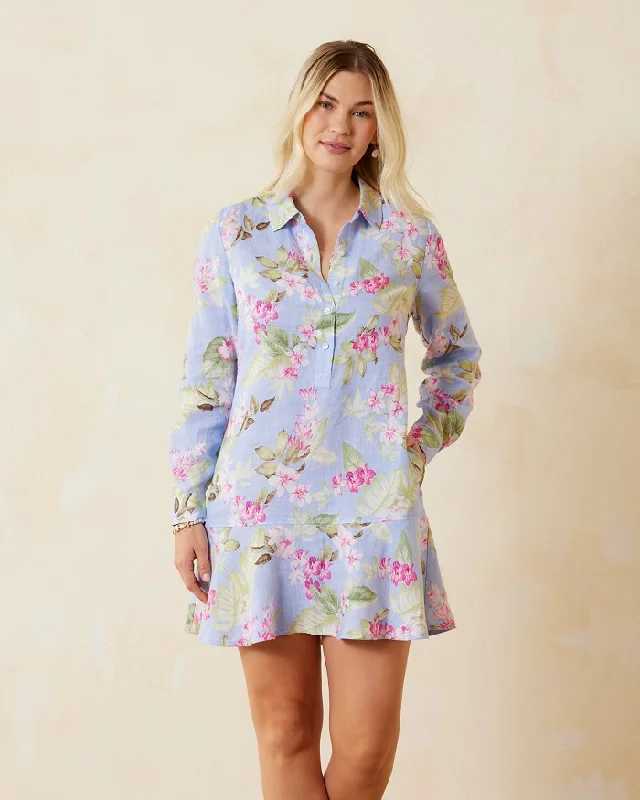 Tommy Bahama Orchid Dreams Flounce Shirt Dress Surf Blue