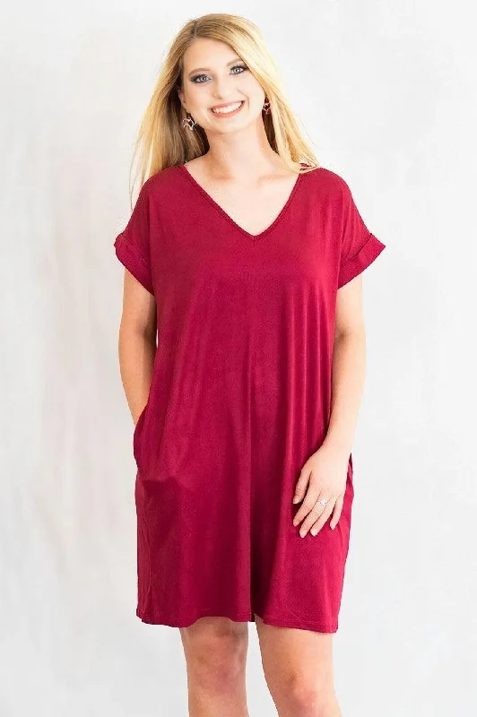 Cuffed Sleeve V-Neck T-Shirt Dress with Pockets by Entro