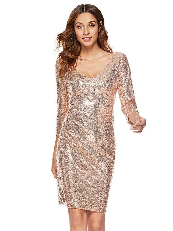 Deep V-neck Sequined Long Sleeve Dress