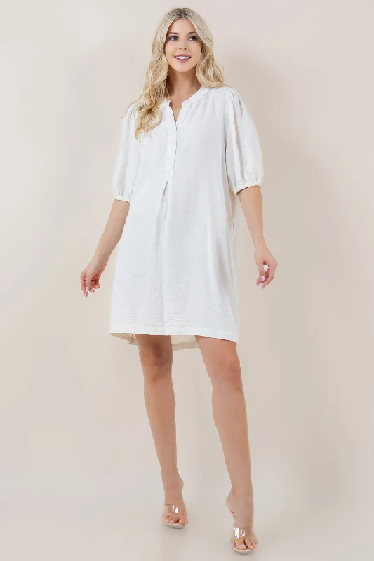 ELBOW SLV BALLON HALF PLACKET POPOVER SHIRT DRESS - D3712-4980