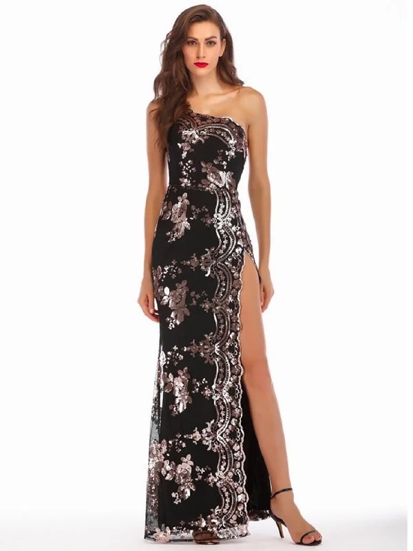 One-shoulder Backless Slit Sequined Dress