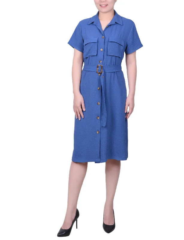 Petite Short Sleeve Belted Shirtdress