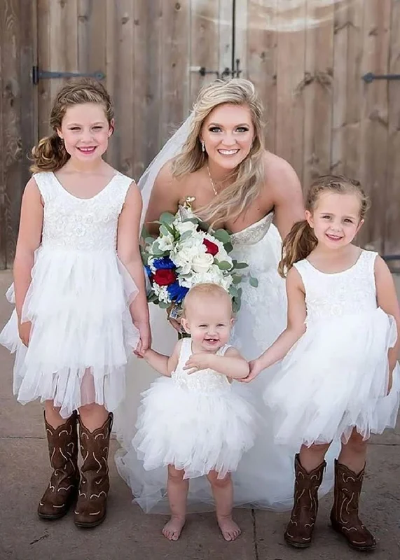 Peony Lace Flower Girl Dress in White (tiered)