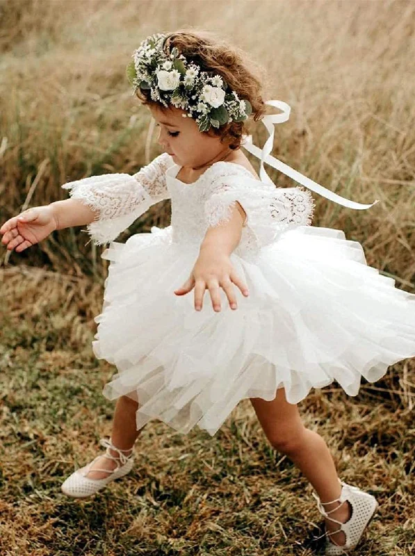 Peony Lace Flower Girl Dress in White Bell (tiered)