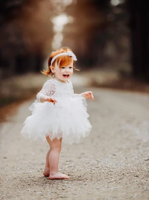 Peony Lace Flower Girl Dress in White (tiered)