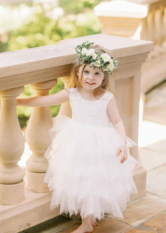 Peony Lace Flower Girl Dress in White (tiered)