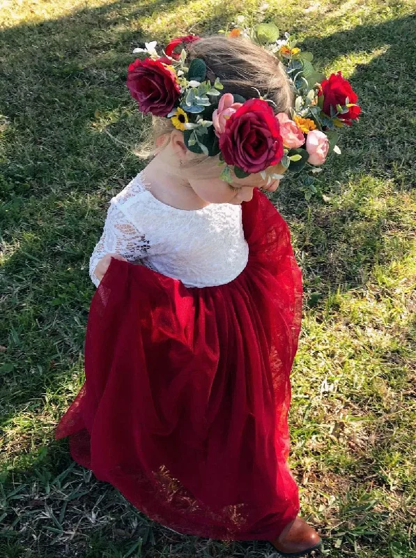 Peony Lace Flower Girl Dress in Wine Red