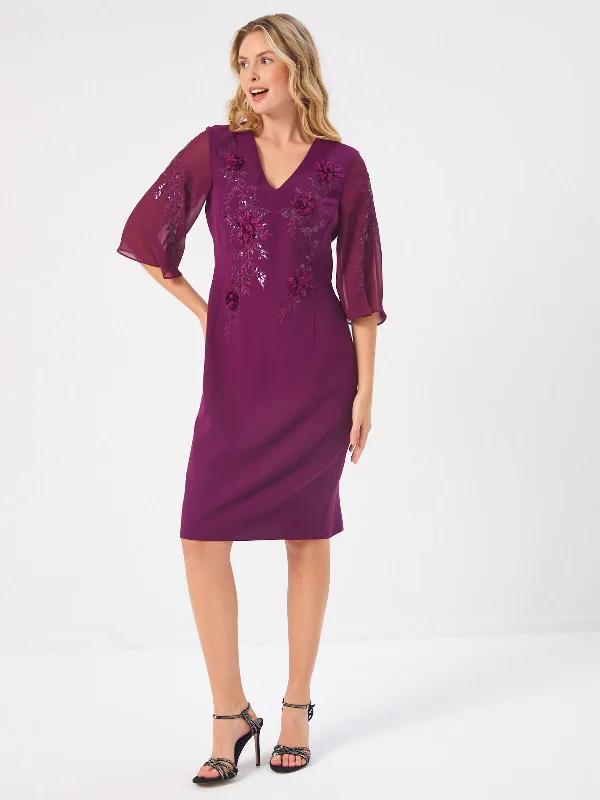 Purple Sequin Flower Appliqué Embroidered Chiffon Sleeve Evening Dress 68105