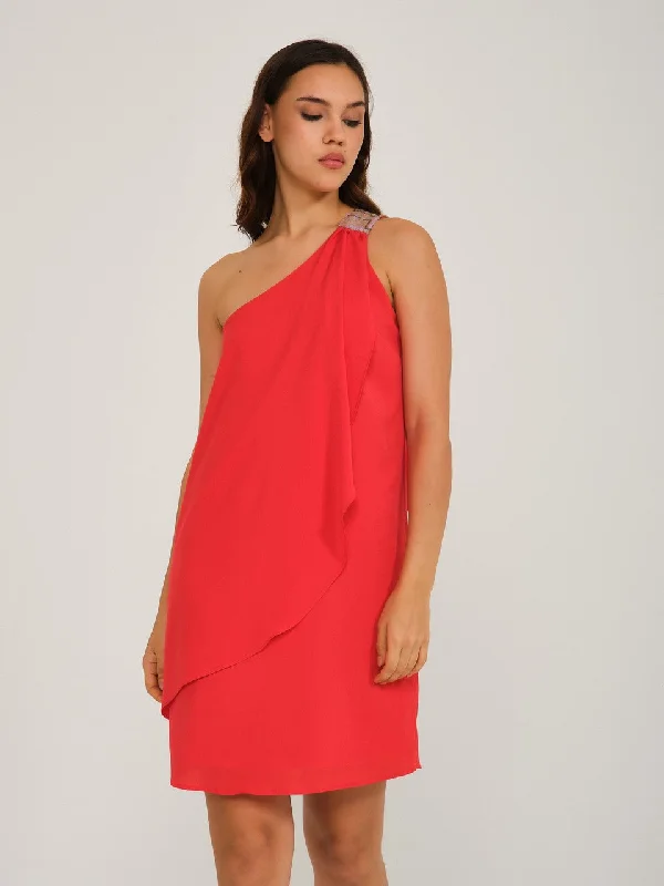 Red Single Shoulder Sequin Stone Detailed Chiffon Dress