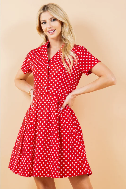 Red & White Polka Dot Shirt-Waist Dress