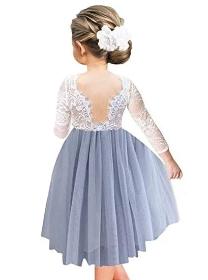 Rose Lace Flower Girl Dress in Bluish Gray