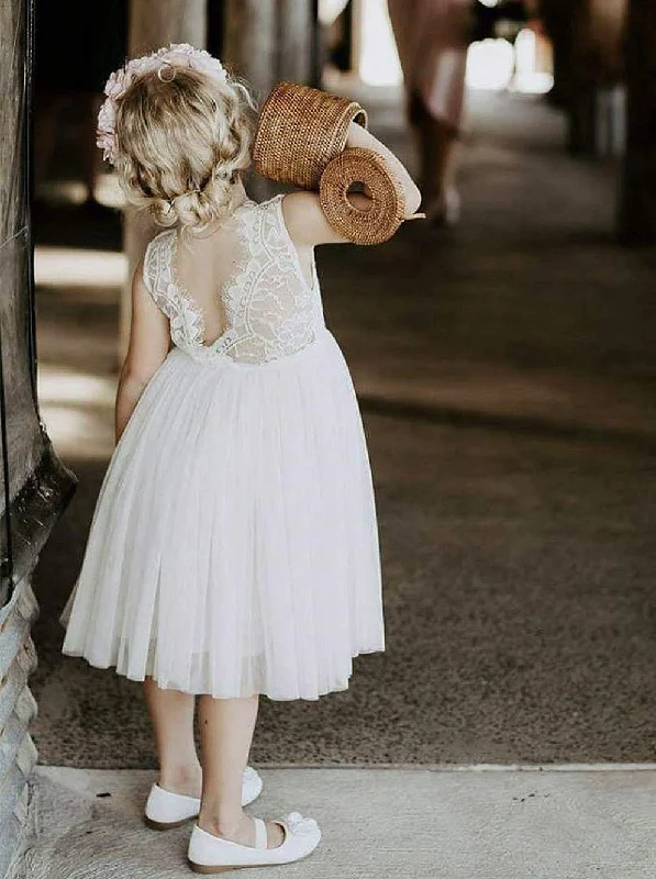 Rose Lace Flower Girl Dress in White