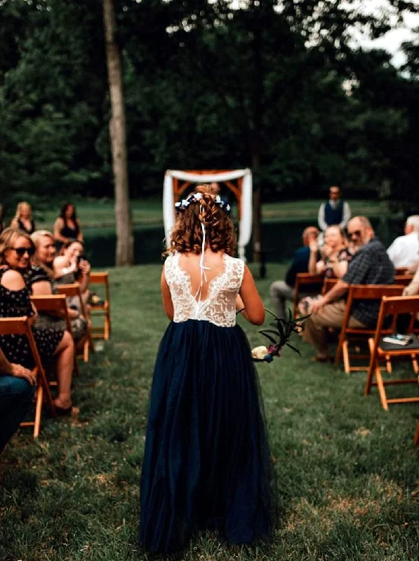 Rose Lace Flower Girl Dress in Navy